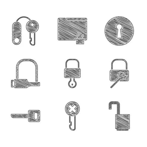 Set Lock Key Wrong Open Padlock Repair Key Bicycle Keyhole — Stock Vector