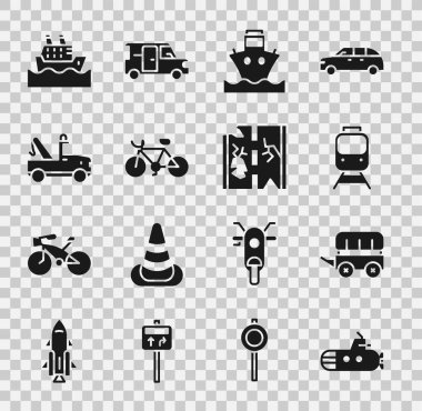 Denizaltı, Vahşi Batı vagonu, tren ve demiryolu, kargo gemisi, bisiklet, çekici, Cruise ve Broken Road ikonu. Vektör