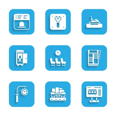 Bekleme odası, yük vagonu, bilet ofisi, haberler, tren istasyonu saati, araba tuvaleti, yemek ve ikon tabağı. Vektör