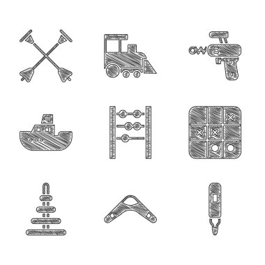 Abacus, Bumerang, İşaret Kalemi, Tic Tac toe oyunu, Piramit oyuncağı, oyuncak bot, ışın tabancası ve emici uçlu ok. Vektör