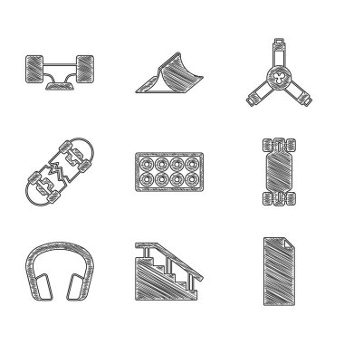 Kaykay tekerleği, raylı merdivenler kaykay, uzun tahta ya da kulaklıklar, kırık, Y-aracı ve simge. Vektör