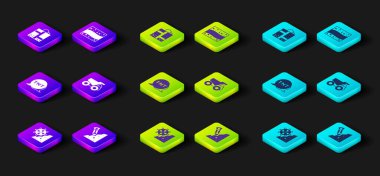 Kova tekerleği kazıcısını, inşaat matkabını, dinamit, maden kamyonu, altın madeni ve maden giriş ikonunu ayarlayın. Vektör