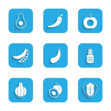 Patlıcan, erik meyvesi, lahana, ananas, soğan, bezelye, şeftali ve avokado ikonu. Vektör