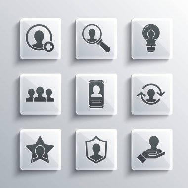 Kullanıcı korumasını ayarla, Bir insanı aramak için El, İnsan Kaynakları, Özgeçmişi olan mobil, kafa avcılığı, kullanıcı grubu, hesap ekranı ve ampul simgesi oluştur. Vektör