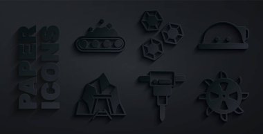 İnşaat matkabı, madenci miğferi, girişi, kova tekerleği kazıcısını kömür ikonu taşıyan Mücevher taşı ve taşıma bandını ayarlayın. Vektör