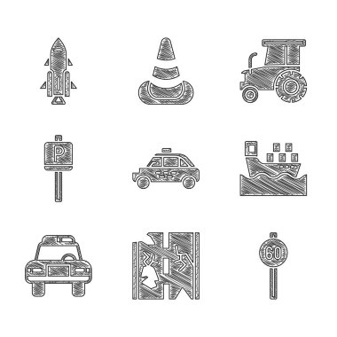 Taksi, bozuk yol, hız limitli trafik kutulu kargo gemisi, polis ve teşhirci, park yeri, traktör ve roket yangın ikonu. Vektör