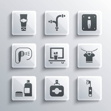 Parfüm, elektrikli diş fırçası, kurutma giysileri, lavabo aynası, şampuan şişesi, duş, tüp diş macunu ve erkek tuvalet ikonu. Vektör