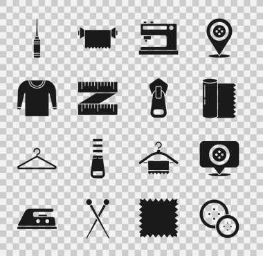 Dikiş düğmesi, konum terzisi, tekstil kumaş rulosu, makine, mezura, süveter, Awl aracı ve fermuar simgesi. Vektör