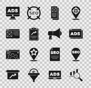 Büyüteç ve analizi ayarla, SEO optimizasyonu, Reklamcılık, Tarayıcı penceresi, Grafik grafikli pano ve Megaphone simgesi. Vektör