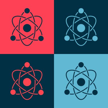 Pop Art Atom simgesi renk arkaplanında izole edildi. Bilimin, eğitimin, nükleer fiziğin, bilimsel araştırmaların sembolü. Vektör.