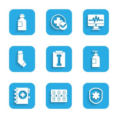 Röntgen çektir, ilaç paketini hazırla, haçlı tıbbi kalkan, el dezenfektanı şişesi, pano, astım ilacı, monitör kardiyogramı ve ilaç şurubu ikonu hazırla. Vektör