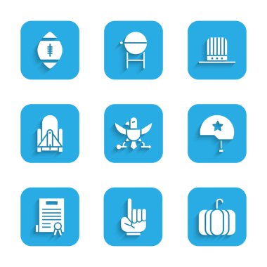 Set Eagle, bir numaralı hayran eldiveni, Balkabağı, Askeri miğfer, bağımsızlık ilanı, uzay limanından roket fırlatma, vatansever Amerikan silindir şapkası ve futbol ikonu. Vektör