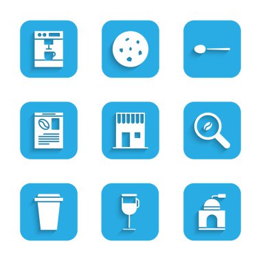 Kahve dükkanı, İrlanda kahvesi, manuel öğütücü, kahve çekirdekleri, paket kahve fincanı, gazete ve kaşık ve makine ikonu. Vektör