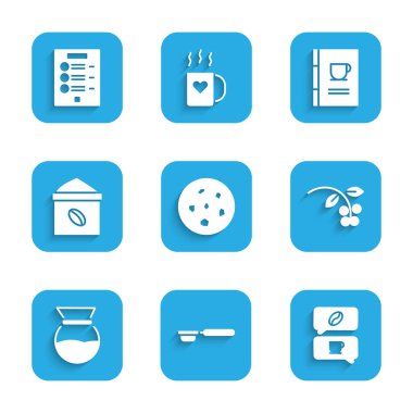 Kurabiye ya da bisküvi, kahve filtresi tutacağı ve sohbet fasülye, dal kahve makinesinin üzerine dökme fasülye, kitap ve menü ikonu. Vektör