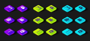 Kazma, patates kızartması, kumar makinesi, şehir manzarası, askeri miğfer ve salon ikonu. Vektör