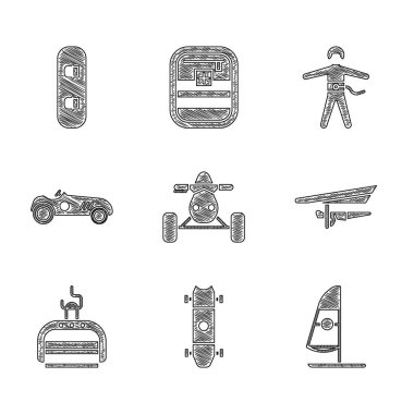 ATV motosikleti, Uzunkaykay, Windsurfing, Hang plander, Kayak kaldıracı, Klasik spor yarış arabası, Bungee jumping ve Snowboard ikonu. Vektör