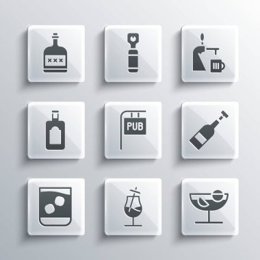 Kokteyl, şarap şişesi, barlı sokak tabelası, viski, alkol, rom ve bira bardağı ikonu. Vektör