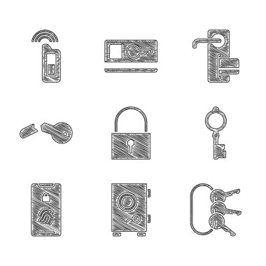 Lock, Safe, Bunch of keys, Old, Mobile 'da parmak izi taraması, kırık, dijital kapı kilidi ve uzaktan kumanda simgesi. Vektör
