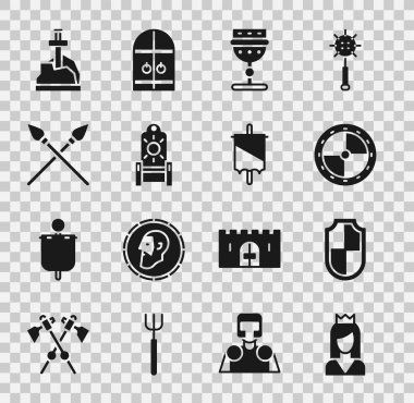 Prenses, Kalkan, yuvarlak ahşap kalkan, Ortaçağ kadehi, taht çapraz ortaçağ mızrakları, Taş ve bayrak ikonu. Vektör