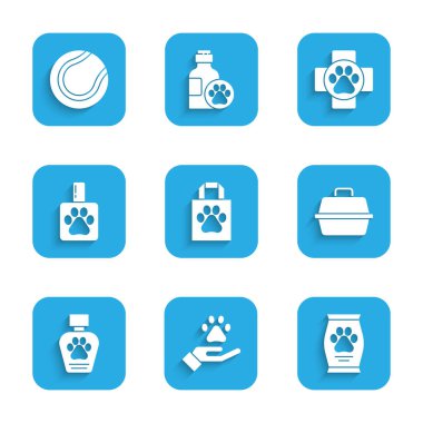 Alış veriş torbası evcil hayvanı, hayvan ayakizli eller, yiyecek çantası, hayvan taşıma çantası, şampuan, veteriner kliniği ve tenis topu ikonu. Vektör