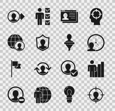 Kafa avcılığı, Üretken insan, Zaman Yönetimi, Devam, Kullanıcı koruması, Küre ve insanlar, hesap ekranı ve simge oluşturun. Vektör