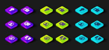 İnsan 'ı teçhizatlı, konum belirleyici, hesap ekranı oluşturma, monitör özgeçmişi, kimlik kartı ve lamba ikonu ile ayarla. Vektör