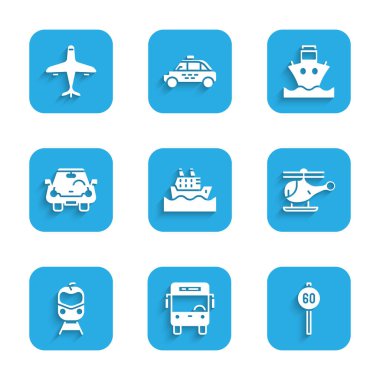 Yolcu gemisi, otobüs, hız limiti, helikopter, tren ve tren yolu, araba, kargo ve uçak simgesi. Vektör