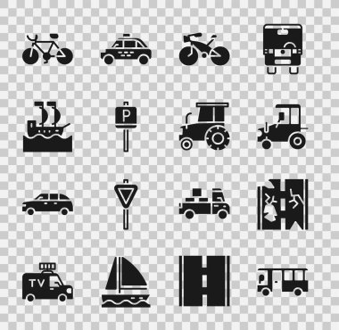 Otobüs, bozuk yol, traktör, bisiklet, park yeri, yelkenli ve ikon ayarlayın. Vektör
