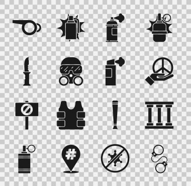 Kelepçeleri ayarlayın, hapishane penceresi, barış, boya kutusu, gaz maskesi, askeri bıçak, ıslık ve biber ikonu. Vektör