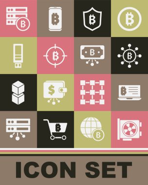 Video grafik kartını, dizüstü bilgisayardan madencilik bitcoin, Blockchain teknolojisi Bitcoin, Shield ile hedef, USB flash disk, Sunucu ve devre simgesini ayarla. Vektör