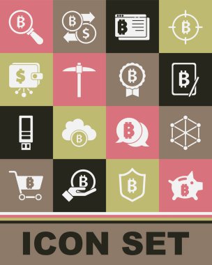 Piggy Bank Bitcoin, Blockchain teknolojisi, Tablet, Bitcoin tarayıcı, Kazma, Kripto para cüzdanı, Büyüteç ve simge ile madencilik. Vektör