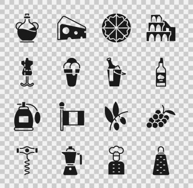 Grater, üzümlü meyve, bir şişe zeytinyağı, pizza, dondurma, manken ve şarap kovası ikonu. Vektör