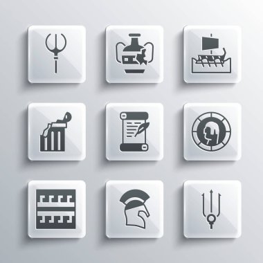 Yunan miğferi, Neptün mızrağı, Kadim madeni para, ferman, parşömen, parşömen, kalıp, kırık antik sütun ve trireme ikonu. Vektör