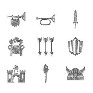 Çapraz oklar, meşale alevi, boynuzlu miğferli Viking, Kale, kale, ortaçağ tahtı, kılıç ve bayrak ikonlu trompet. Vektör