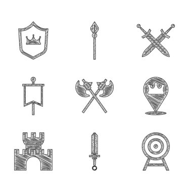 Orta Çağ baltası, Ortaçağ kılıcı, oklu hedef, konum kral tacı, kale, kale, bayrak ve kalkanların simgesi. Vektör