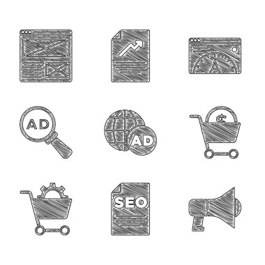 Reklamcılığı ayarla, SEO optimizasyonu, Megaphone, alışveriş arabası ve dolar, web sitesi istatistiği ve tarayıcı pencere simgesi. Vektör