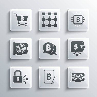 Tablet, Video Grafik Kartı, Kripto Para Cüzdanı, Bitcoin, Lock with, Alışveriş Arabası ve İşlemci Çiftliği ikonu 'ndan madencilik bitcoin ayarlayın. Vektör