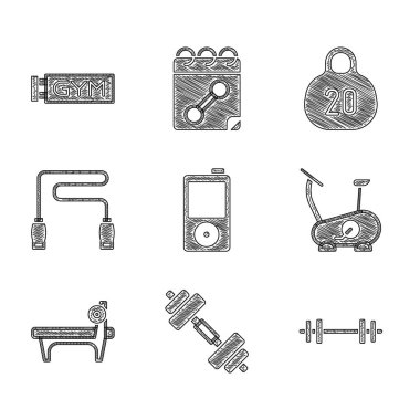 Set müzik çalar, Dumbbell, Barbell, Durağan bisiklet, Barbelli Bench, Atlama halatı, Kettlebell ve Spor Salonu ikonu. Vektör