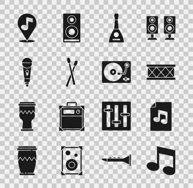 Set Müzik Notası, ton, kitap, Drum, Balalaika, bagetler, Mikrofon, Konum müzikali ve Vinil çalar vinil disk simgesi. Vektör