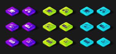 Spor çanta, kablolu televizyon, kış balıkçılığı, kürek kar yığınları, madalya ve sıcak çikolata kupası ikonu. Vektör