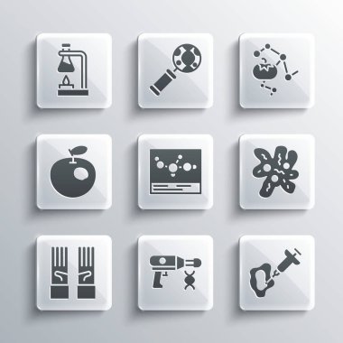 Transfer tabancasını, şırıngayı, hücreyi, kimyasal formülü, tıbbi lastik eldivenleri, elmayı, deney tüpünü ateşe ve yemek ikonuna ayarla. Vektör