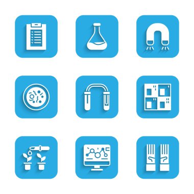 Test tüpü ve matarayı, genetik mühendisliği modifikasyonunu, tıbbi lastik eldivenleri, periyodik tabloyu, Pipette bitkisini, bakterili Petri kabını, mıknatıs ve klinik kayıt simgesini ayarla. Vektör