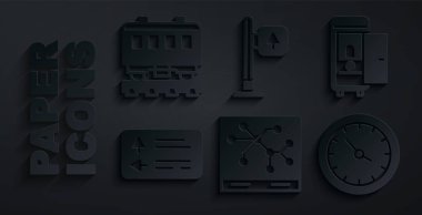 Demiryolu haritası, tren vagonunda tuvalet, trafik levhası, tren istasyonu saati ve yolcu vagonları ikonu. Vektör