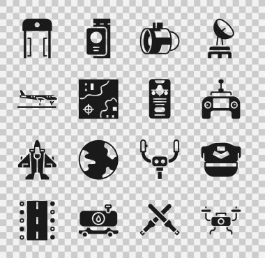 Drone uçuşu, Pilot şapkası, uzaktan kumanda, jet motoru türbini, dünya seyahati haritası, uçak, metal dedektör havaalanı ve bilet ikonlu mobil ayarlayın. Vektör