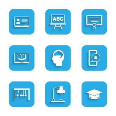 İnsan beyni, masa lambası, mezuniyet şapkası, mobil, sarkaç, çevrimiçi sınıf, sertifika şablonu ve simge ayarla. Vektör