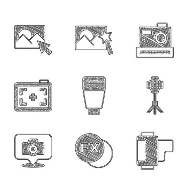 Fotoğraf makinesi flaşı, fx, kamera rulo kartuşu, Softbox ışığı ve rötuş simgesini ayarlayın. Vektör