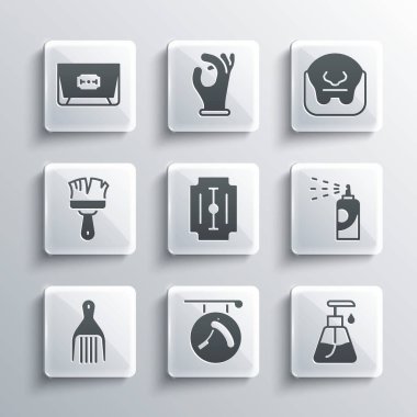 Berber dükkanını jilet, krem kozmetik tüpü, saç spreyi spreyi, bıçak, toka, tıraş fırçası, bıyık ve sakal ikonu ile ayarla. Vektör