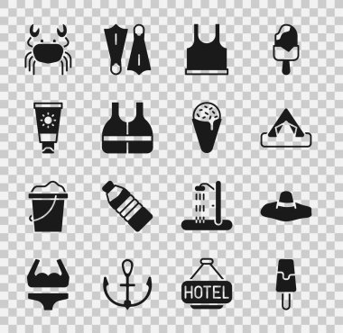 Dondurma, zarif kadın şapkası, turist çadırı, kolsuz tişört, can yeleği, tüpte güneş kremi, yengeç ve waffle konisi ikonu. Vektör