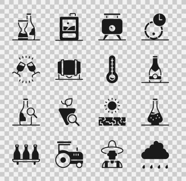 Yağmur bulutu, şarap, şampanya şişesi, üzüm fermantasyonu, tahta fıçı, şarap tatma, degulasyon, şişe ve meteoroloji termometresi ikonu. Vektör