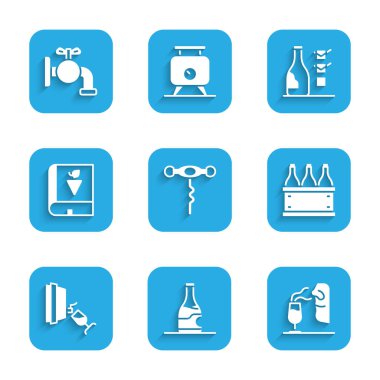 Şarap tirbuşonu, şarap şişesi, şarap şişesi, şişe kutusu, tatma, degukasyon, üzümler hakkında kitap ve fıçı ikonu için musluk. Vektör